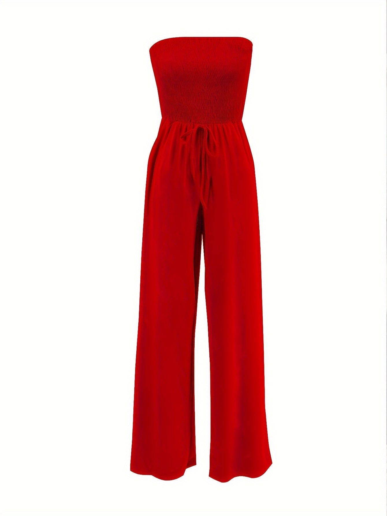 Sleeveless Waffle Pattern Solid Color Sash Belted Women's Tube Top Jumpsuit