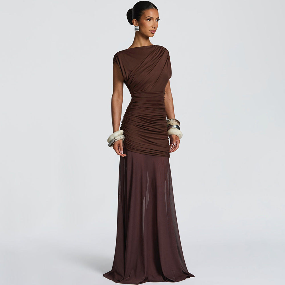 Ruched Asymmetrical Hem Flared Mesh Skirt Design Solid Color Short Sleeve Maxi Dress