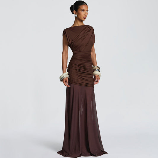 Ruched Asymmetrical Hem Flared Mesh Skirt Design Solid Color Short Sleeve Maxi Dress