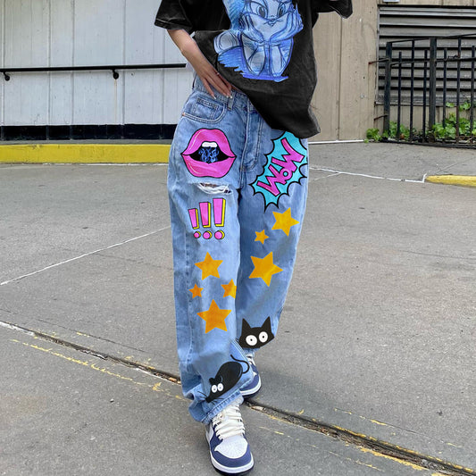 Vintage Hip-Hop Airbrushed Faded Denim Lips Stars Graffiti Print Women's Jeans to 3X Plus Size