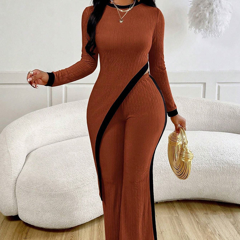 Striped Colorblock Women's Asymmetrical Hem Long Sleeve Top + Wide Leg Pants 2-Piece Set