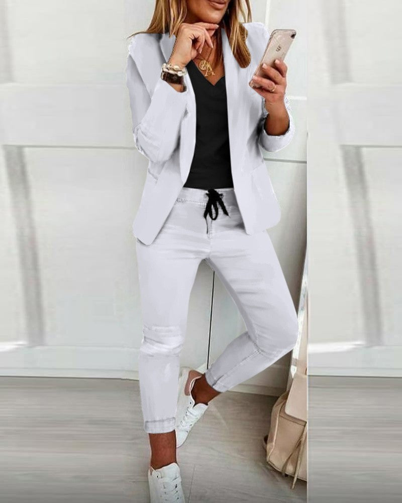 Single Breasted Solid Color Blazer Jacket + Drawstring Pants Women's 2-Piece Office Suit to 3X Plus Size