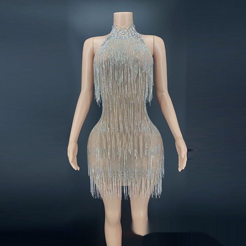 Transparent Sheer Hot Drill Diamond Tassel Fringe Chain Design Backless Sleeveless Formal Mini Party/Prom Dress