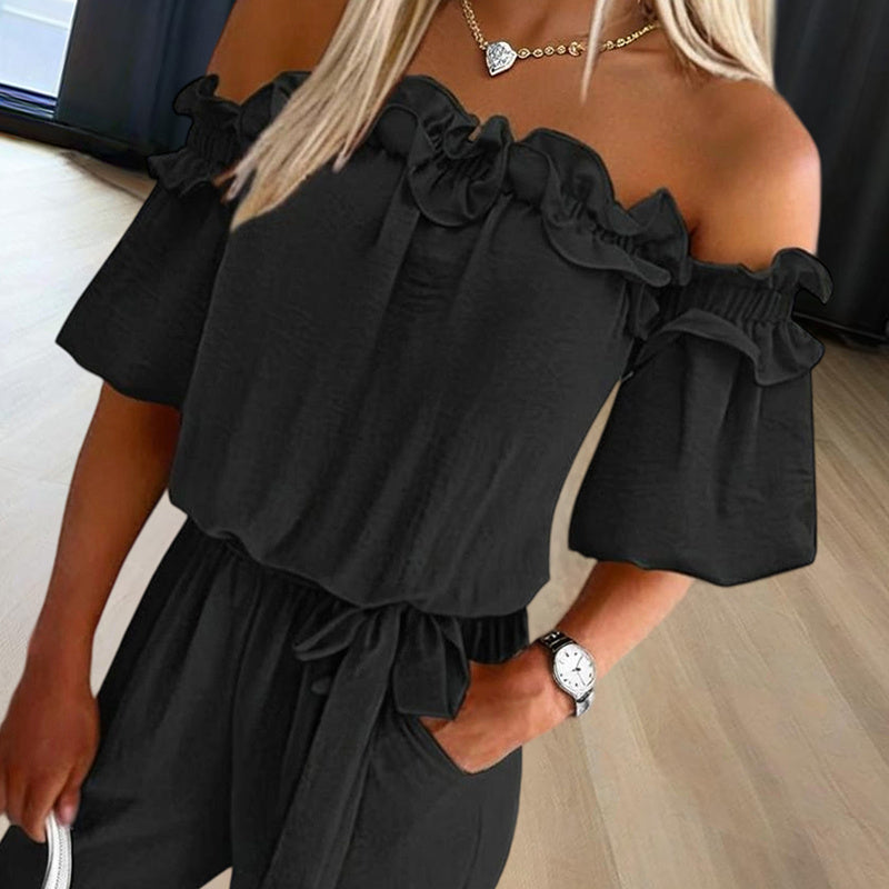 Floral Ruffled Solid Color Women's Off-the-Shoulder Sash Belt Jumpsuit