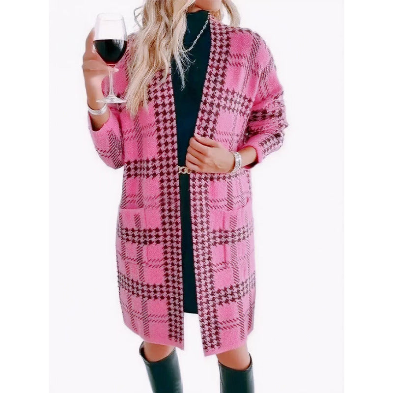 Plaid Houndstooth Print Knitted Pocketed Women's Long Sleeve Maxi Sweater