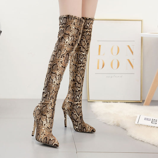 Leopard Pointed Print Stiletto Heel Women's Over-The-Knee Stretch Boots