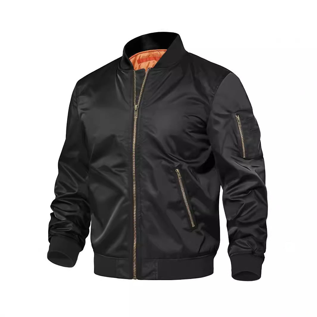 Men's Solid Color Military Baseball Multi-Pocket Zipper Cargo Bomber Jacket