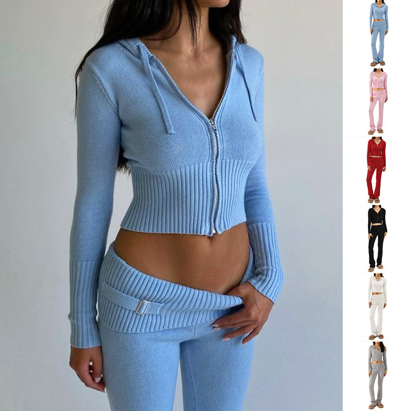 Solid Knitted Long Sleeve Zipper Sweater Jacket + High Waist Knitted Pants 2-Piece Sweater Tracksuit