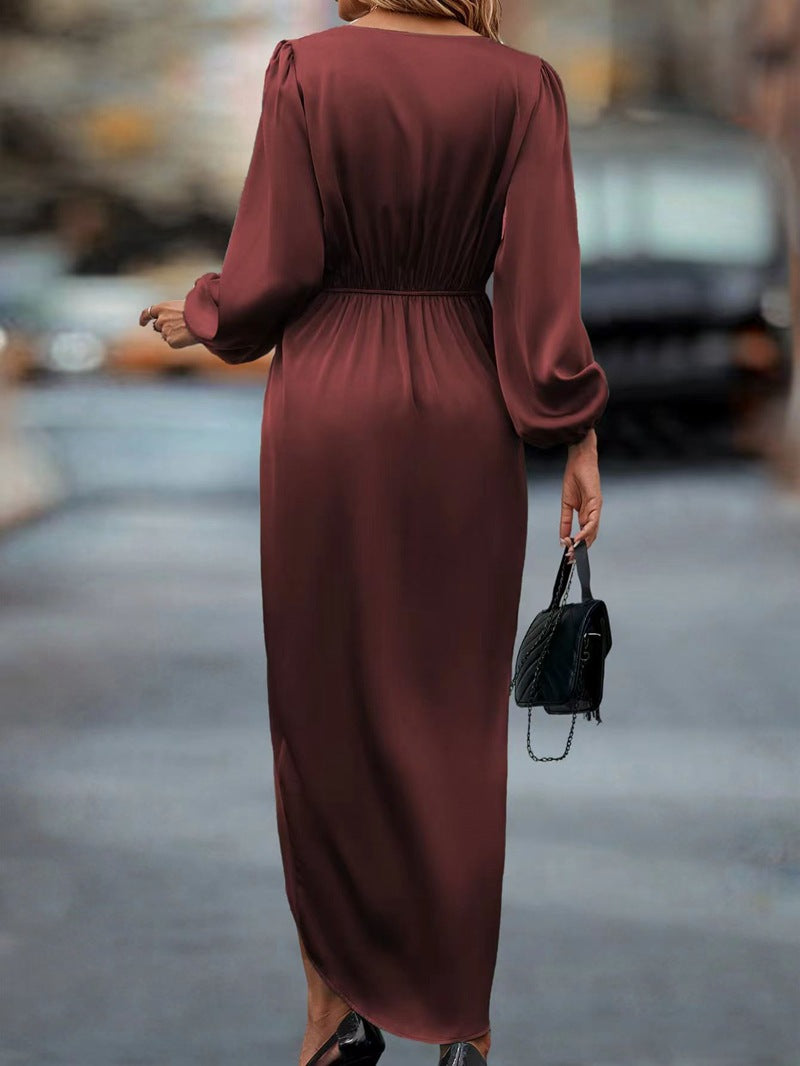 Satin V-Neck Long Sleeve Solid Color Temperament High Slit Maxi Wrap Dress to 4X Plus Size