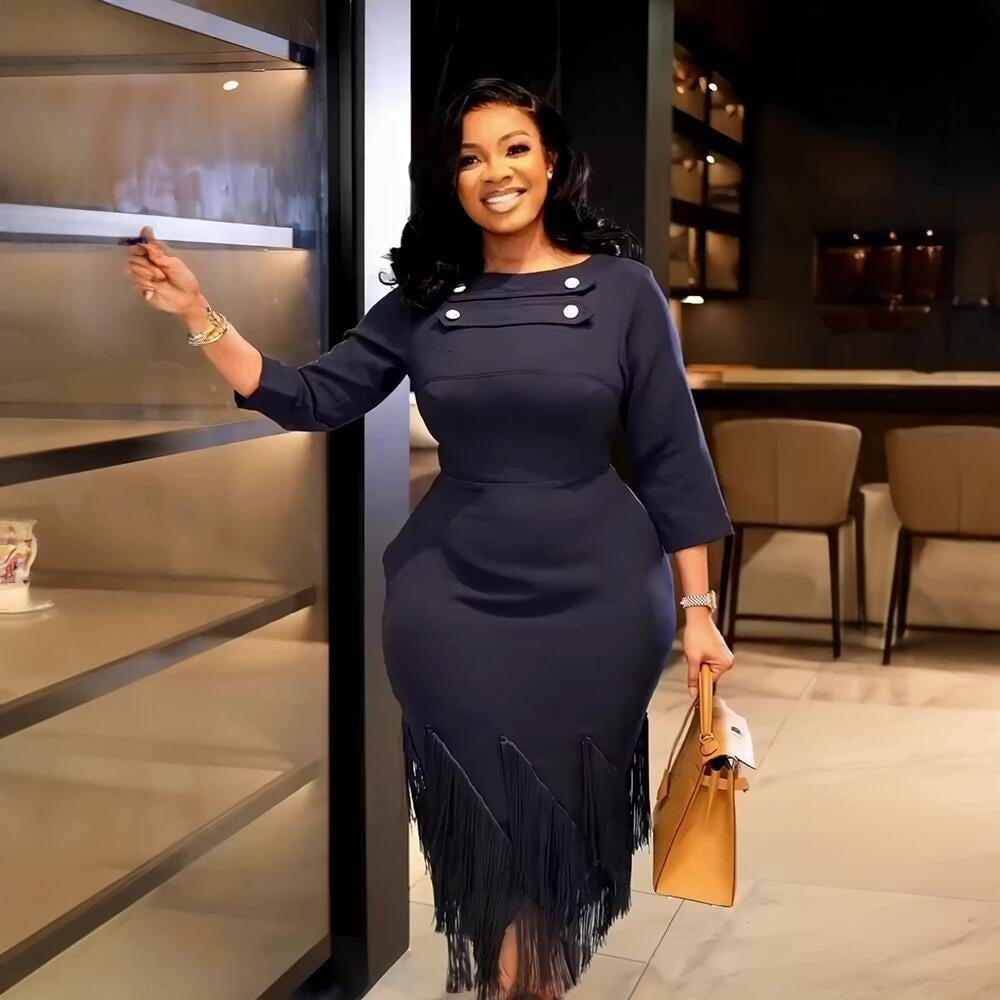 Diagnol Fringe Tassel Hem Back Bowknot Design Long Sleeve Midi Dress to 3X Plus Size