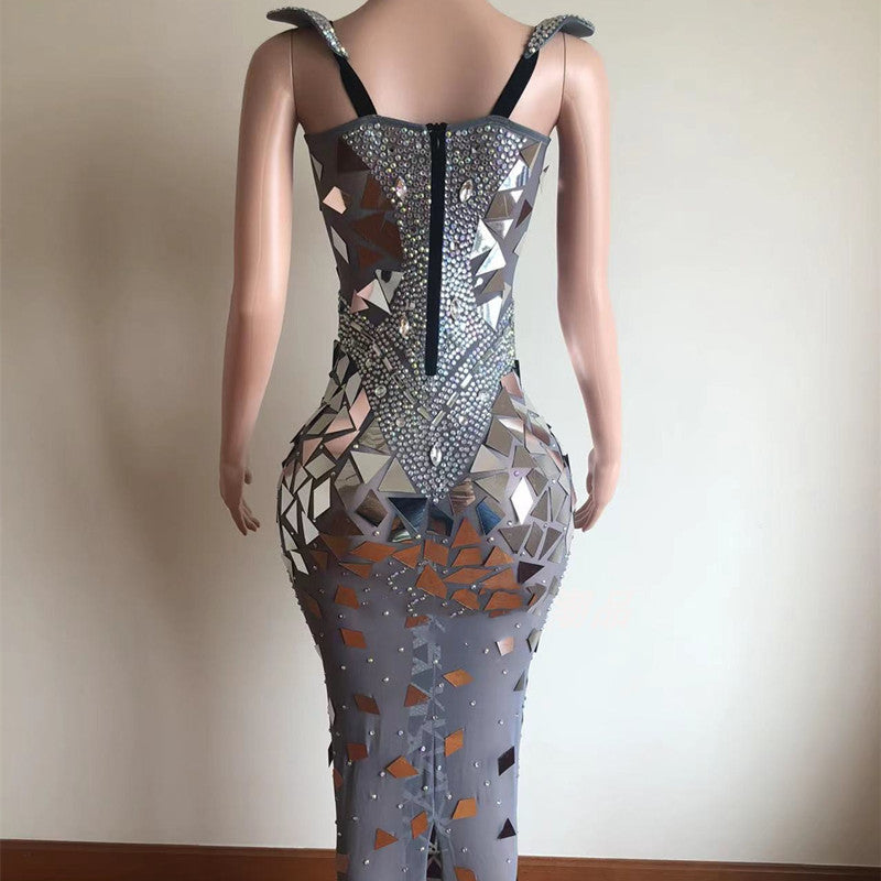 Silver Sparkling Sequin Rhinestone Geometric Mirror Effect Zipper Back Formal Maxi Party/Prom Dress