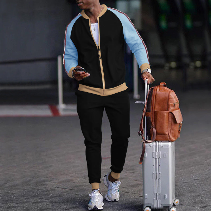 Men's Colorblock O-Neck Zipper Bomber Jacket + Skinny Jogger Sweatpants Tracksuit