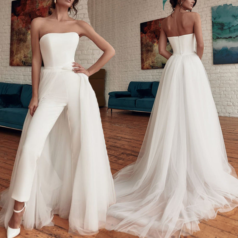 Oversized White Tube Top Sleeveless Women's Skinny Formal Bridal Wedding/ Party Pants Jumpsuit w/ Detachable Sweep Train