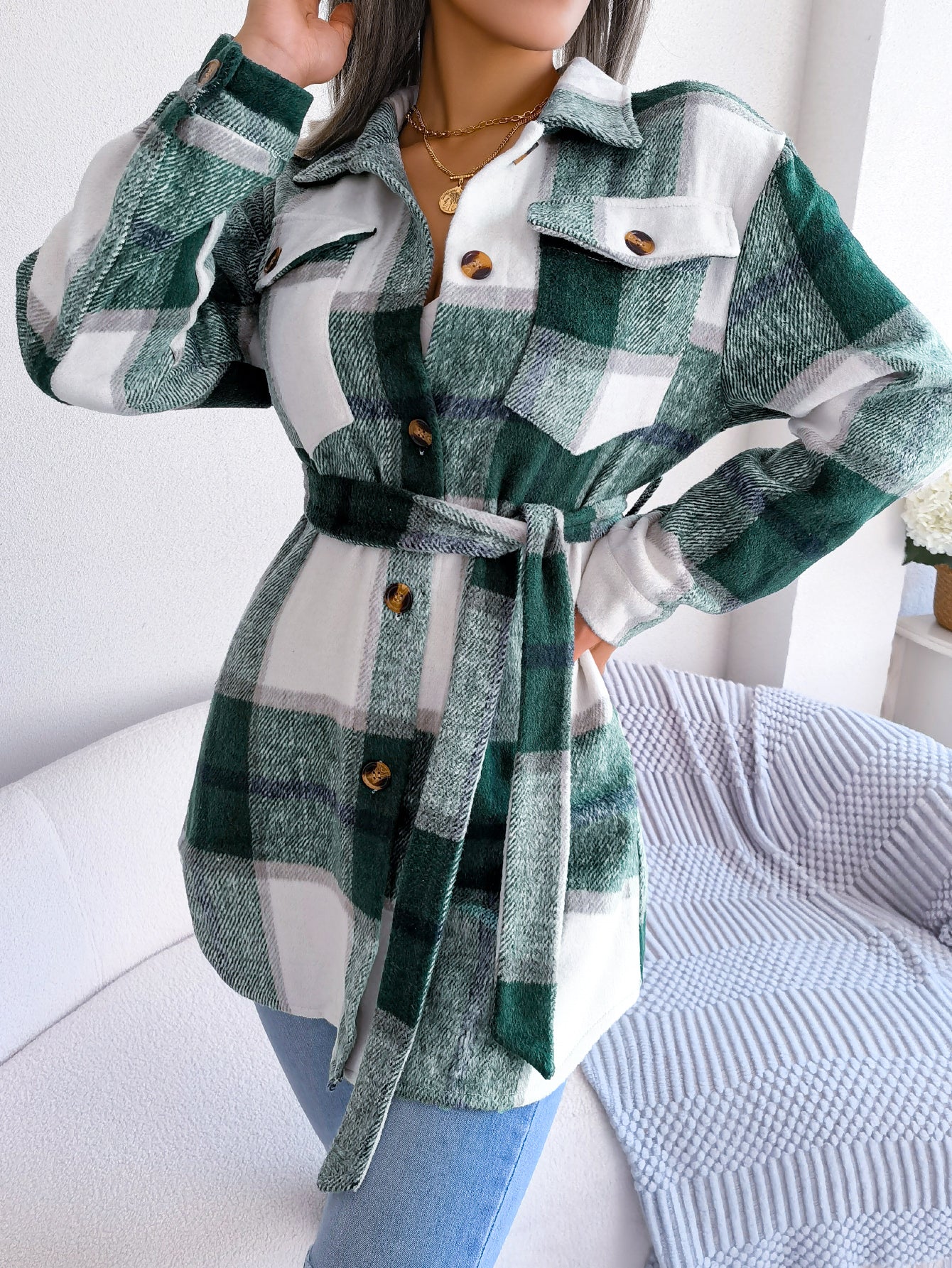 Women's Color-Blocked Plaid Long Sleeve Tie-Waist Thick Tweed Coat
