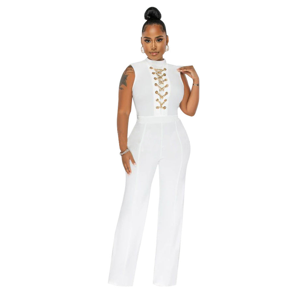 CrissCross Women's Solid Color Sleeveless Stand Collar Round Neck Jumpsuit