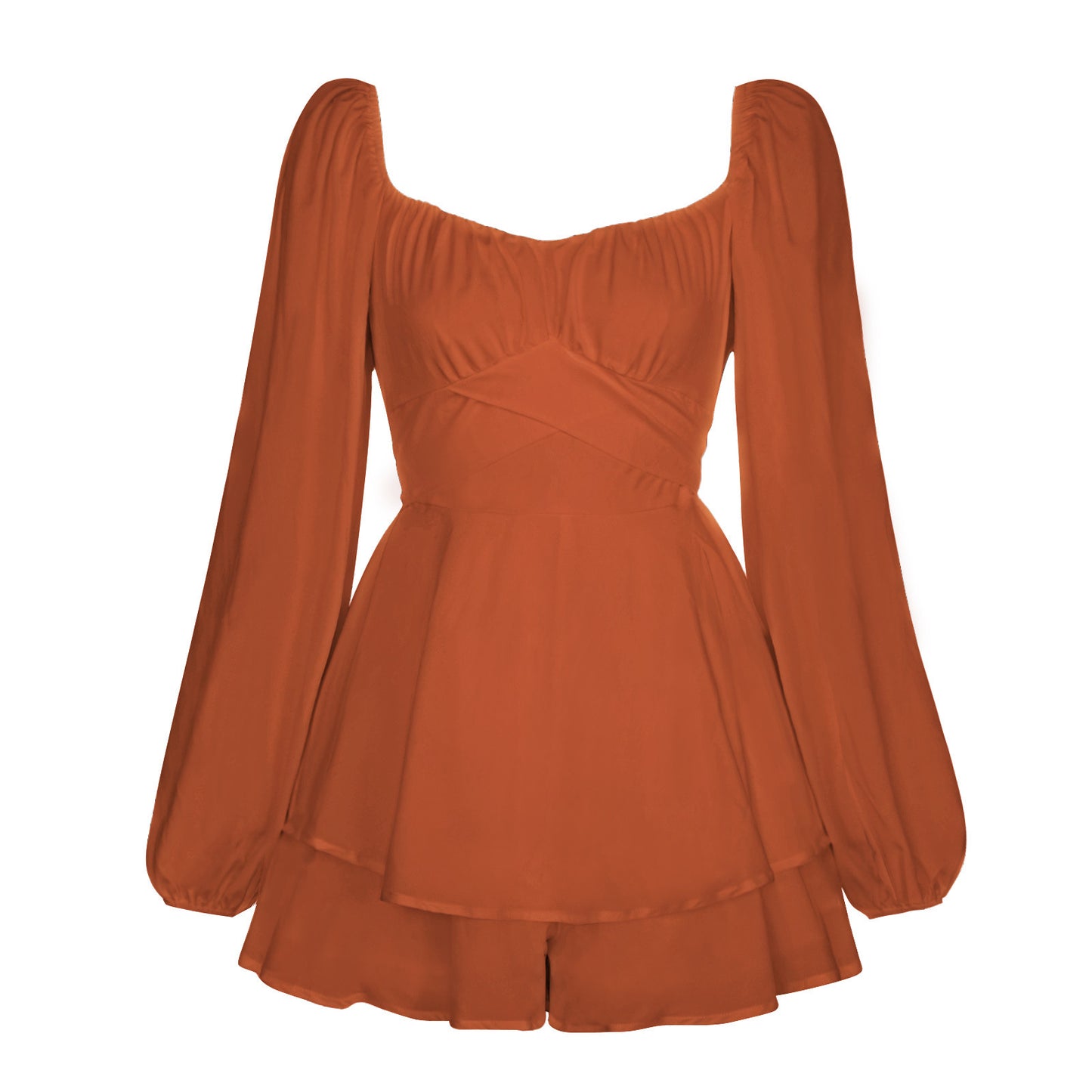 Ruffled V-Neck Women's Long Puff Sleeve Shorts Romper