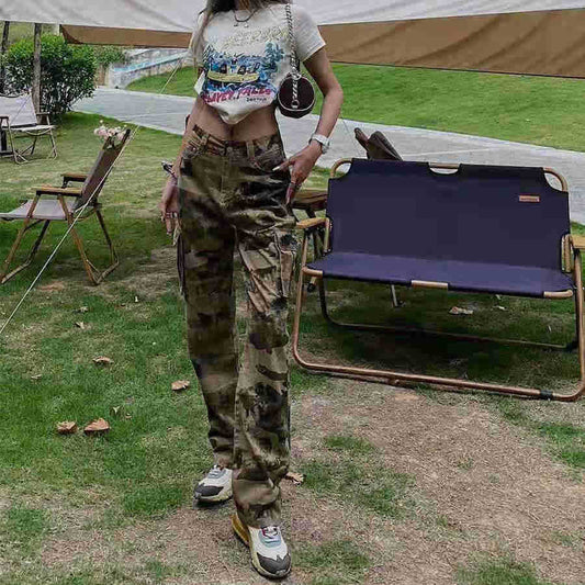Camoflauge Washed Women's Multi-Pocketed Hip-Hop Military Streetwear Cargo Pants