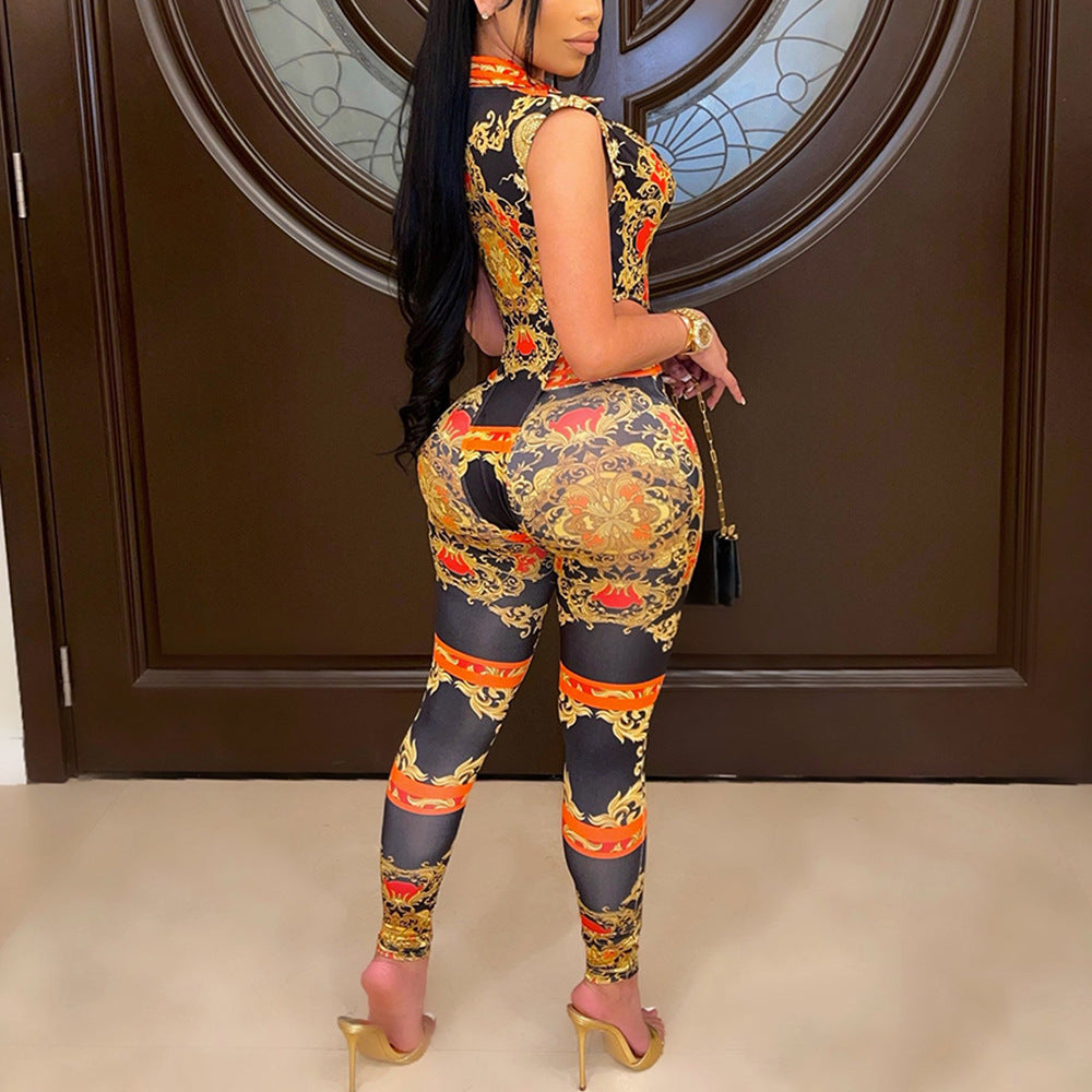 Sleeveless Baroque Print Women's Deep V-Neck Turn-Down Collar Crop Top+ Skin Tight Leggings 2-Piece Set