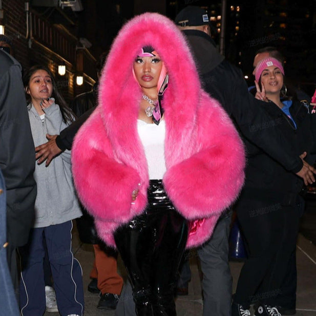 Faux Fur Plush Women's Solid Color Hoodie Jacket