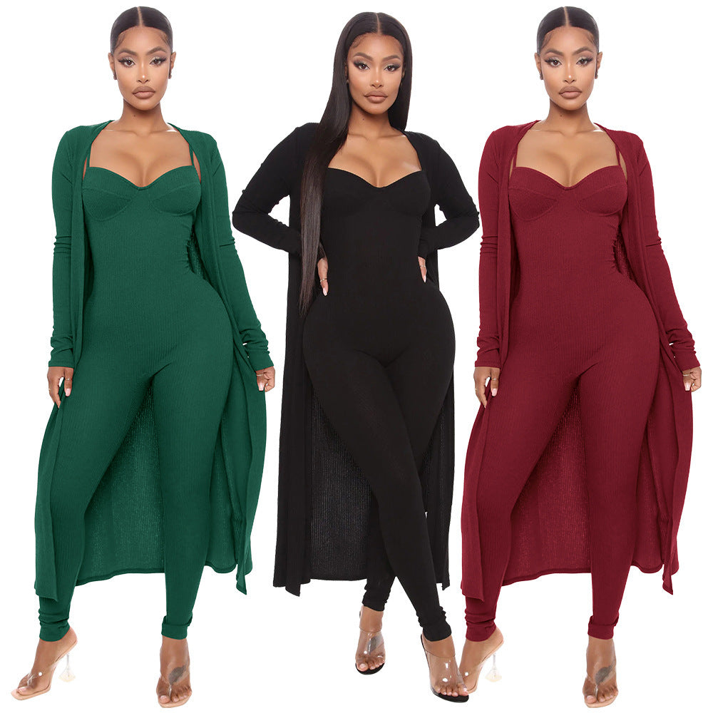 Solid Color Women's Open Maxi Cardigan + Cami Spaghetti Strap V-Neck Jumpsuit 2-Piece Set
