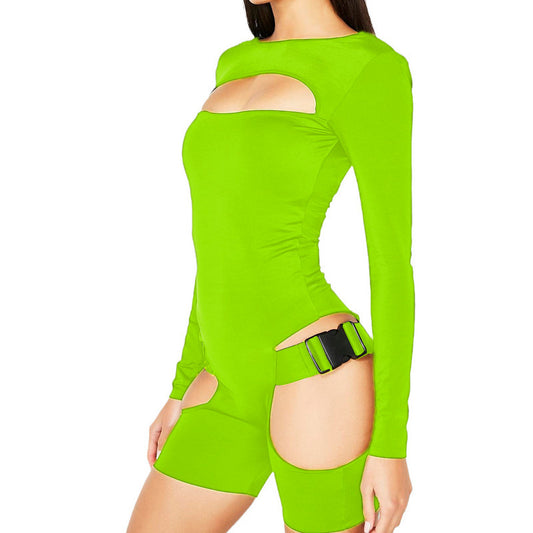 Hollow-Out Adjustable Buckle Long Sleeve Women's Shorts Romper