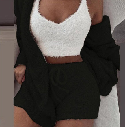 Fleece Solid Color Open Women's Long Sleeve Maxi Cardigan w/ Sash Belt, Crop Tank Top + Drawstring Shorts 3-Piece Knitted Pajamas Set