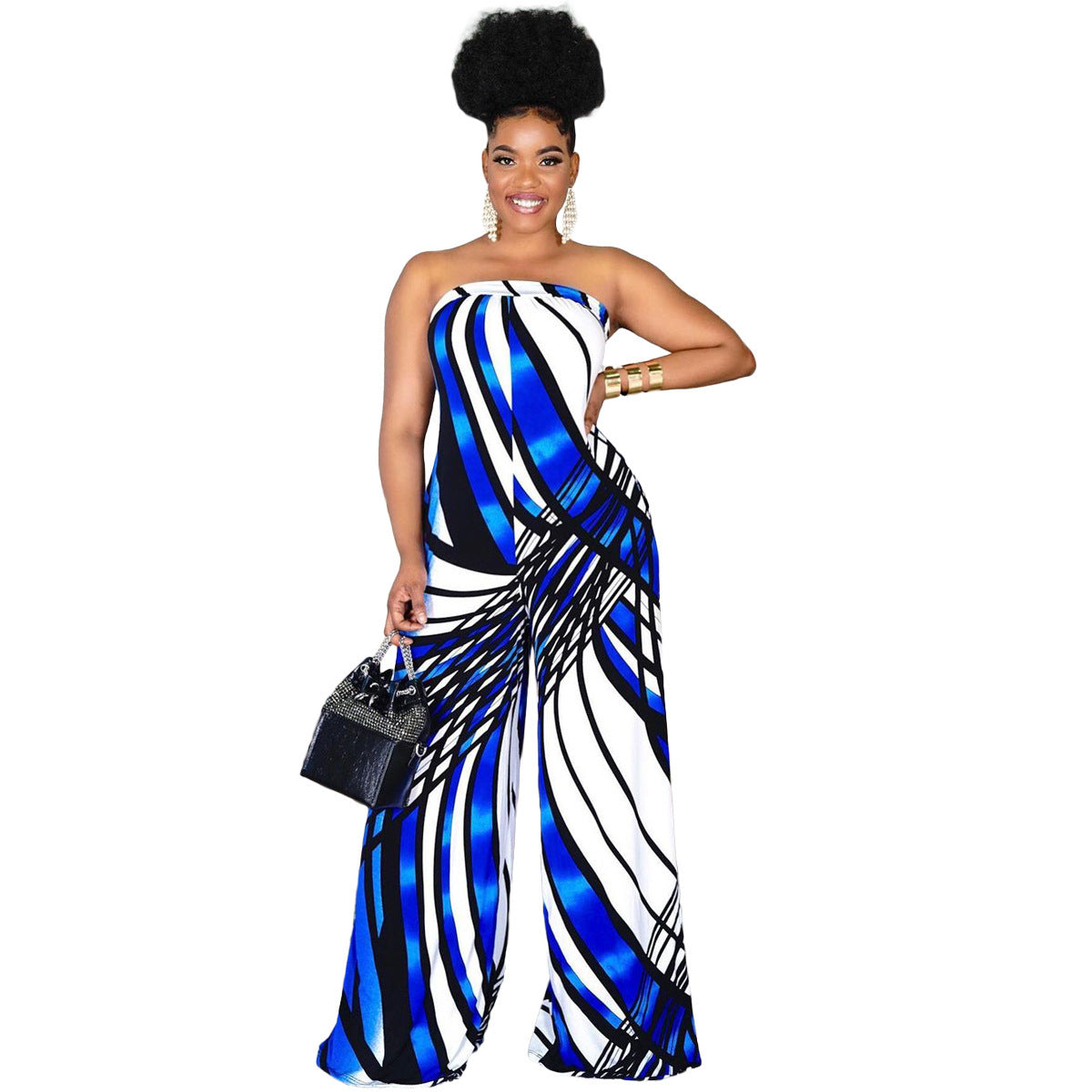 Sleeveless Geometric Print Tube Top Wide Leg Jumpsuit