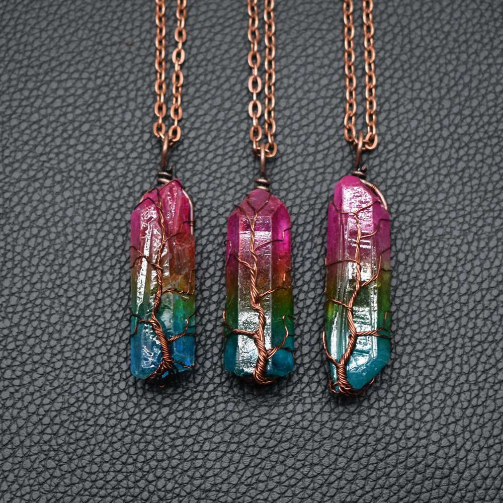 Gradient Colorblock Crystal Stone Pillar Tree Of Life Pendant Chain Necklace