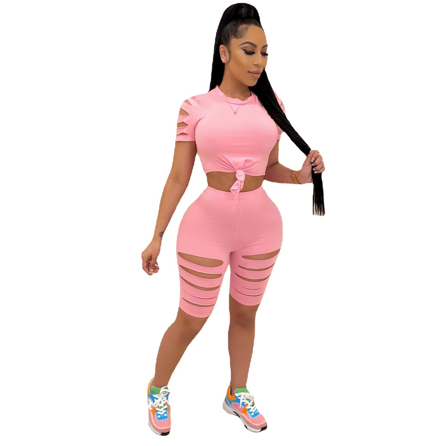 Solid Color Short Sleeve Crop Top + Ripped Biker Shorts 2-Piece Fitness Set