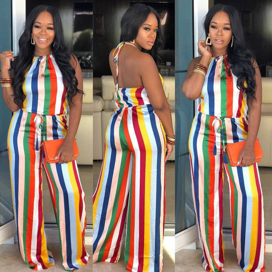 Rainbow Striped Print Sleeveless Women's Backless Jumpsuit