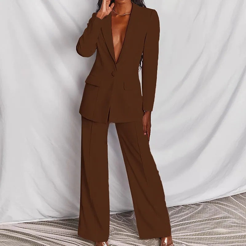 Single Breasted Women's Solid Color Long Sleeve Blazer w/ Pockets + Pleated Pants Business Suit to 3X Plus Size