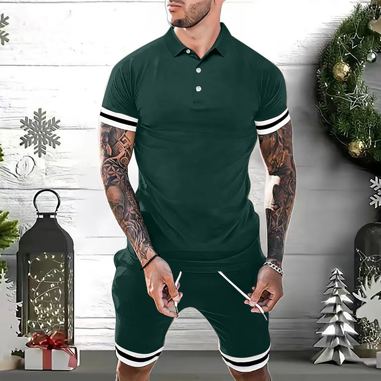 Men's Side Striped Turn-Down Collar Short Sleeve Polo Shirt + Shorts 2-Piece Set