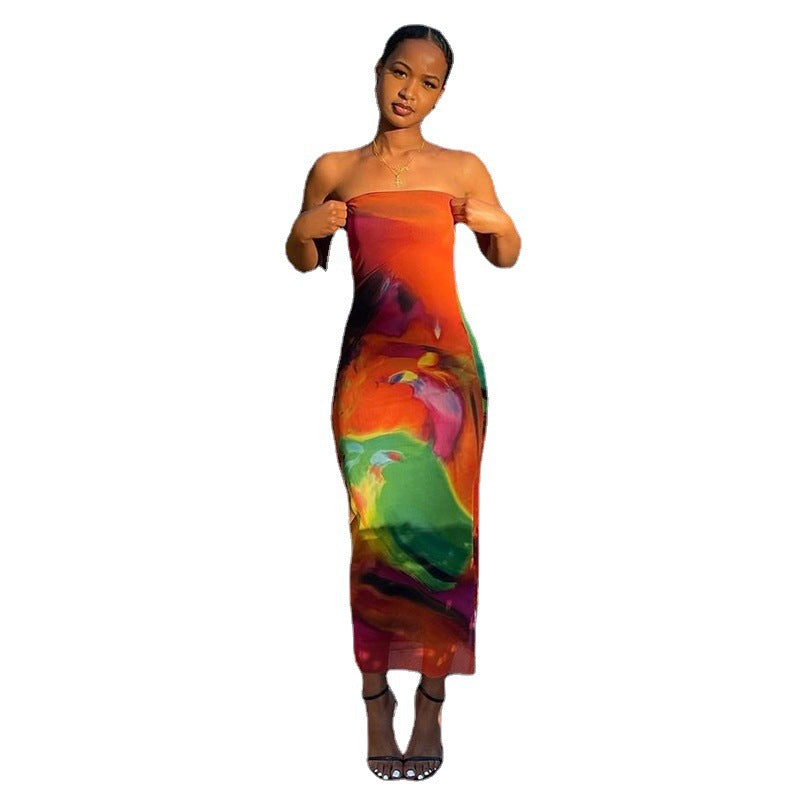 Strapless Tropical Print Irregular Backless Sleeveless Maxi Tube Dress
