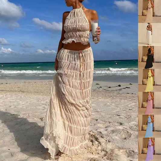 Sleeveless Backless Crop Halter Top + Pleated Tiered Maxi Skirt Beach 2-Piece Set