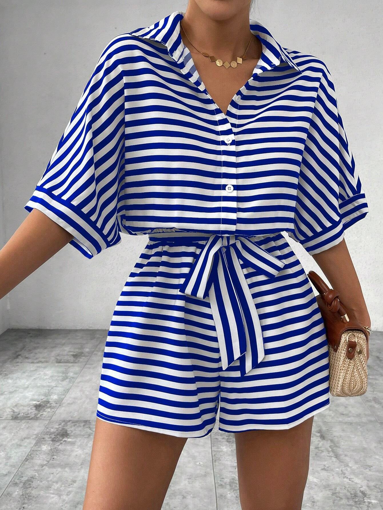Striped Turn-Down Collar Button 1/2 Sleeve Sash Belted Women's Shorts Romper