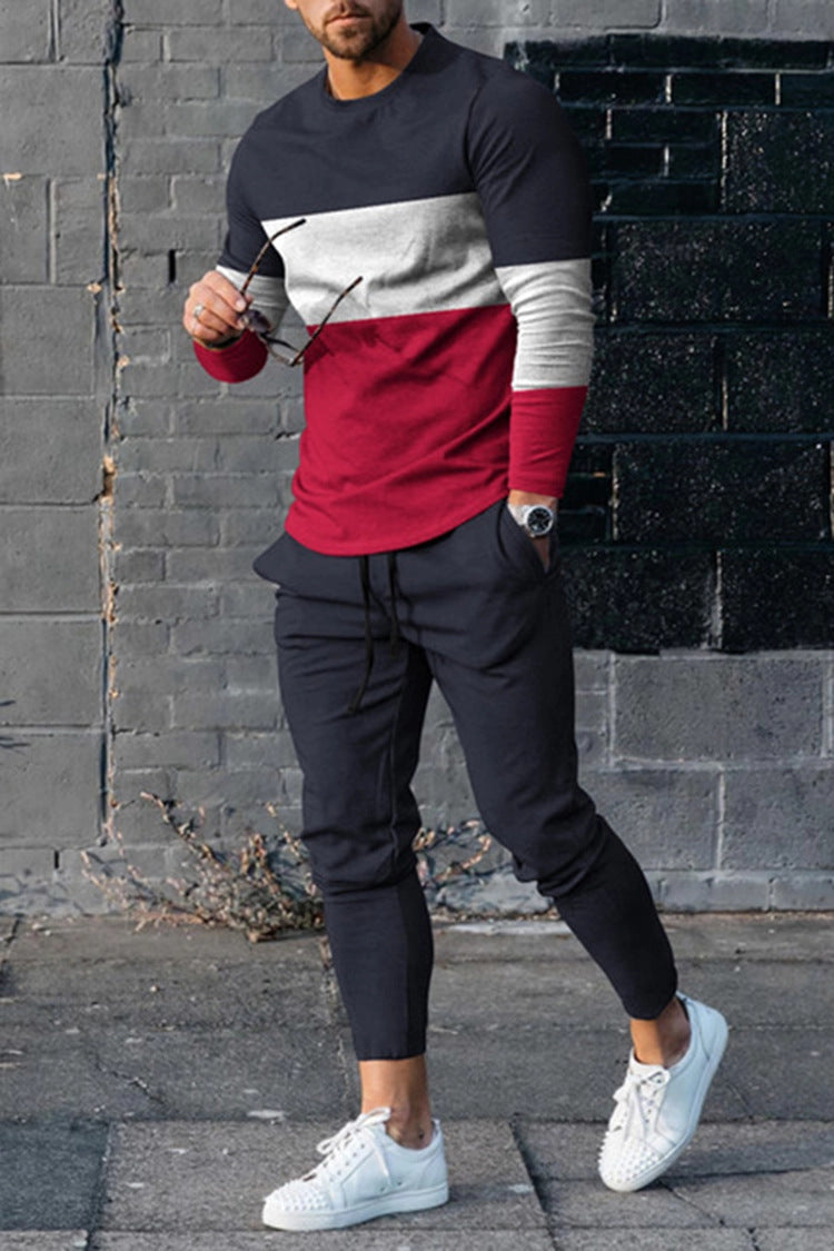 Colorblock Striped/Playing Cards/Abstract Multi-Colored Long Sleeve + Skinny Pocketed Jogger Sweatpants Tracksuit