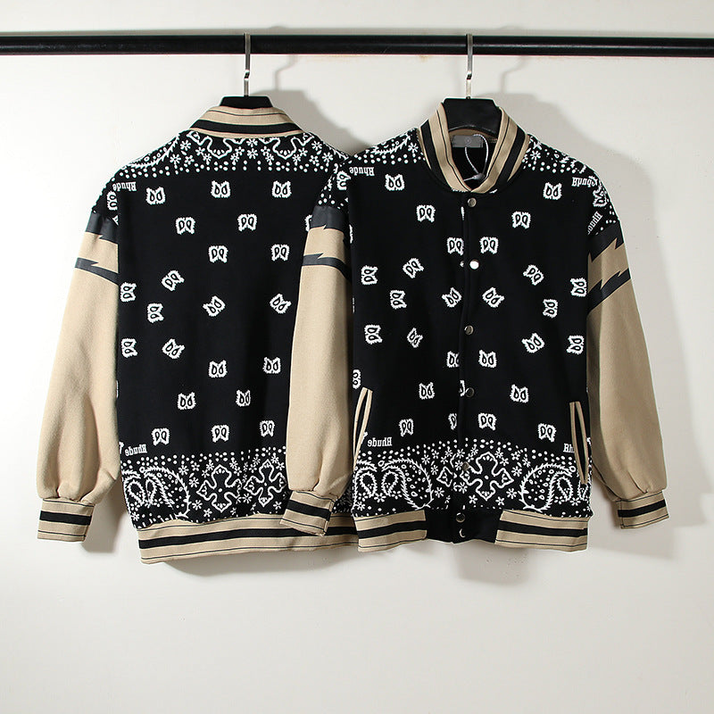 Men's Paisley Colorblock Hip-Hop Cashew Lightning Sleeve Raglan Baseball Bomber Jacket