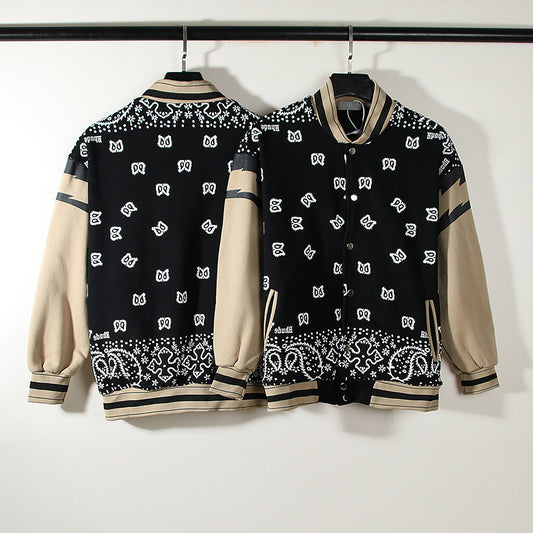 Men's Paisley Colorblock Hip-Hop Cashew Lightning Sleeve Raglan Baseball Bomber Jacket