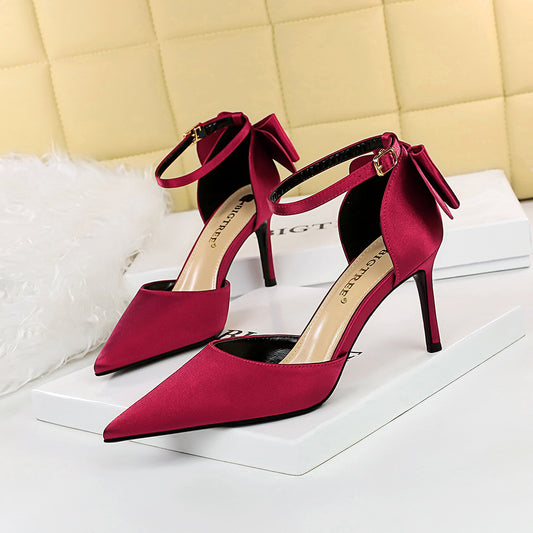 Satin Shallow Back Bowknot Design Pointed Toe Mule High Heel Pumps