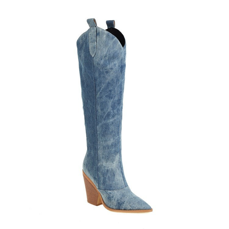 Denim Gradient Print Pointed Toe Super Heel High Knee Boots