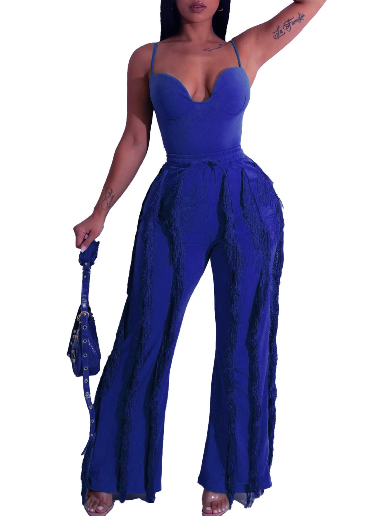 Solid Color V-Neck Tank Top + Tassel Fringe Pants Women's 2-Piece Set