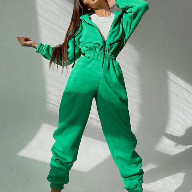 Drawstring Women's Elastic Waist Long Sleeve Hoodie Jumpsuit
