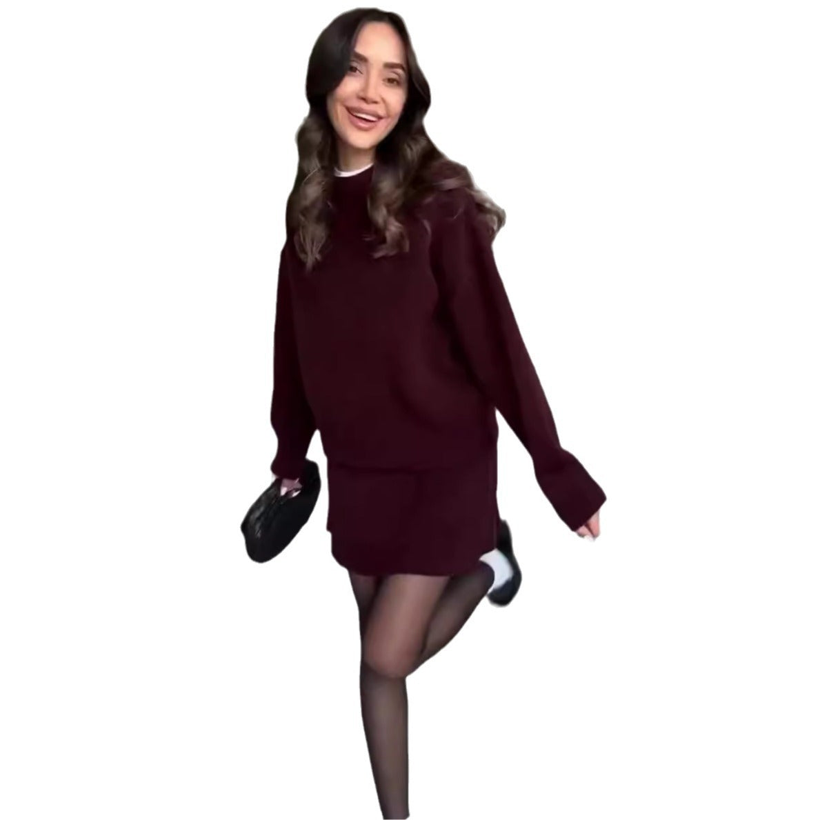 Knitted Long Sleeve Pullover Solid Color Sweater + High Waist Mini Skirt Women's 2-Piece Set to 3X Plus Size