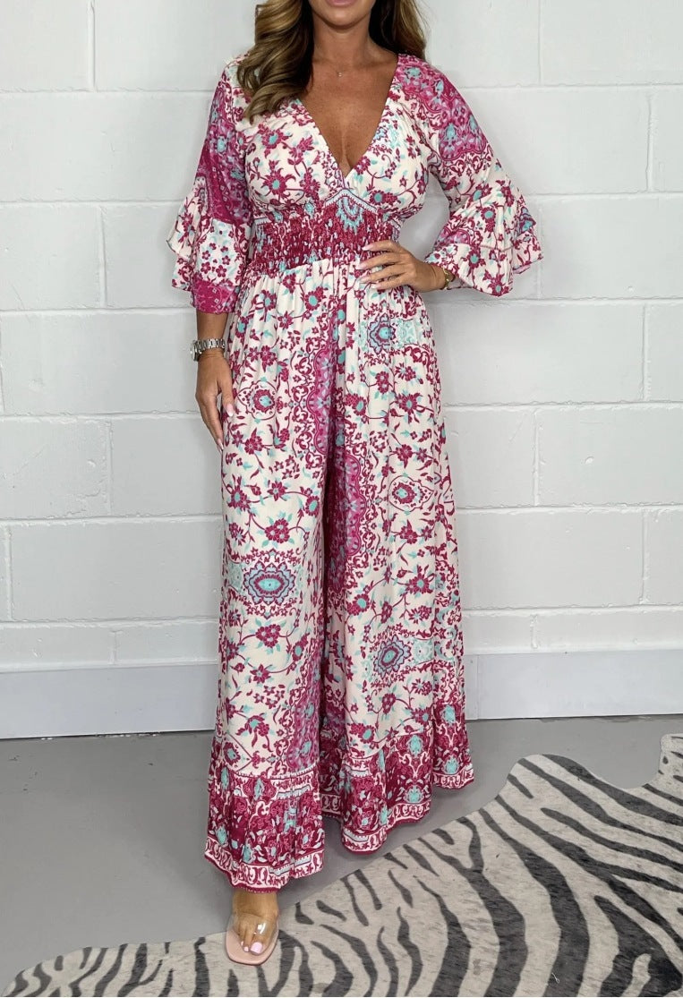 Floral Print Long Sleeve Bohemian Deep V-Neck Women's Wide Leg Jumpsuit to 3X Plus Size