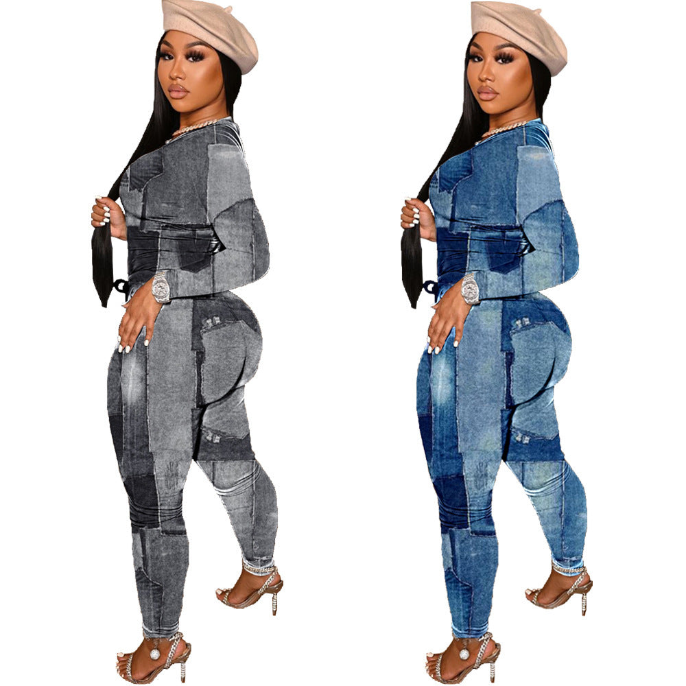 Mock Denim Print Colorblock Women's Long Sleeve Top + Leggings 2-Piece Set