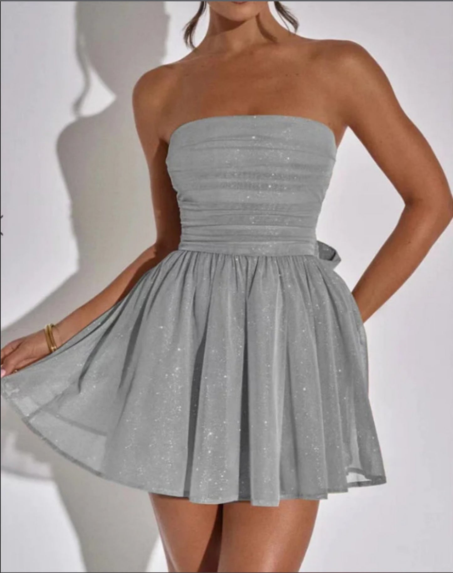 Sparkling Glitter Solid Strapless Mesh Formal Tube Mini Dress