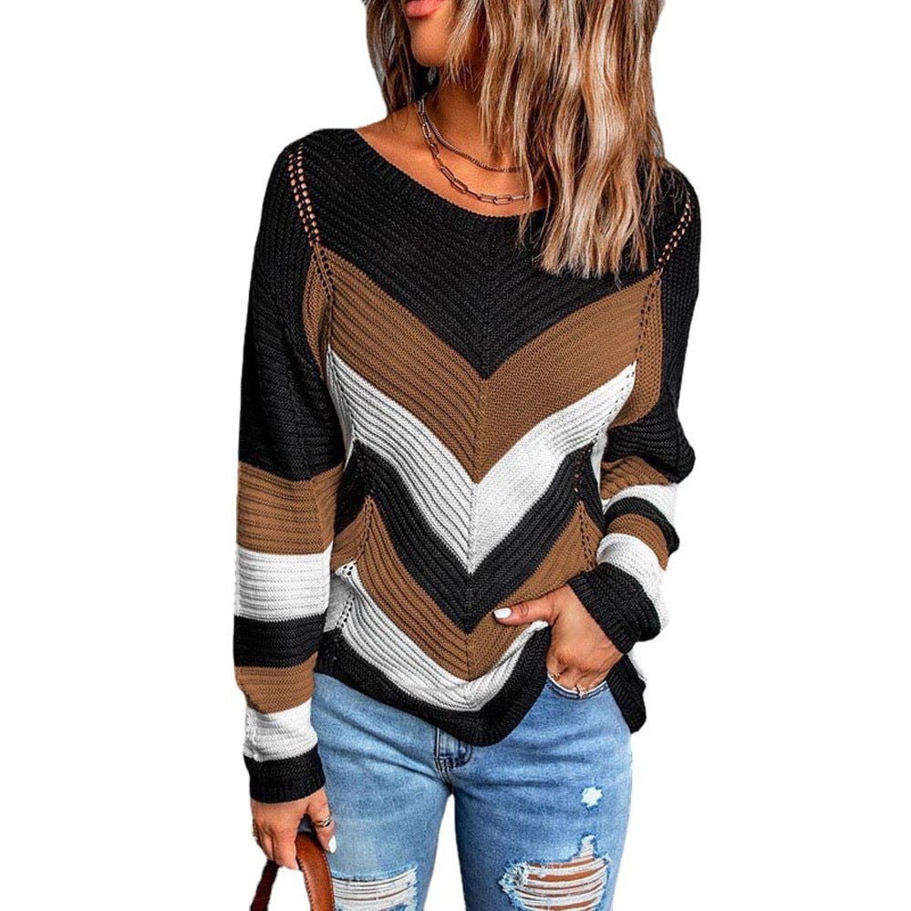 Diagnol Striped Colorblock Pattern Women's Knitted Long Sleeve Sweater to 3X Plus Size