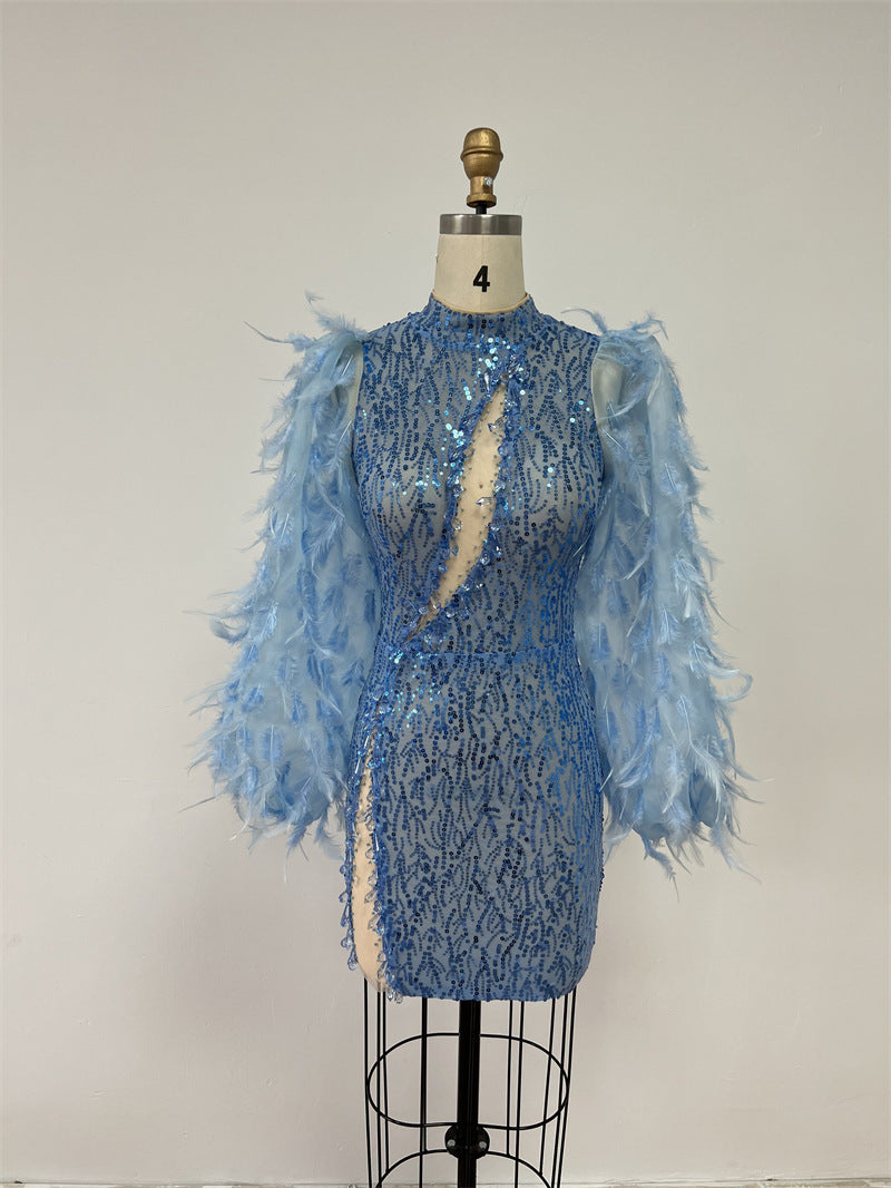 Sequin Light Blue Hollow-Out Feather Embellished Lantern Sleeve High Slit Formal Mini Dress