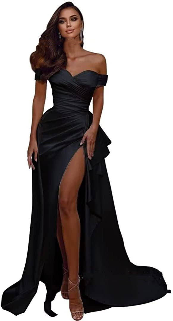 Oversized Ruched Ruffled Off-the-Shoulder High Slit Floor-Length Evening Gown Maxi Formal Party Dress to 20W Plus Size