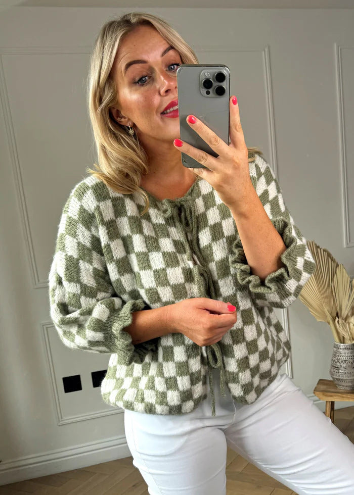 Plaid Checker Colorblock Print Bowknot Design Women's 1/2 Sleeve Sweater